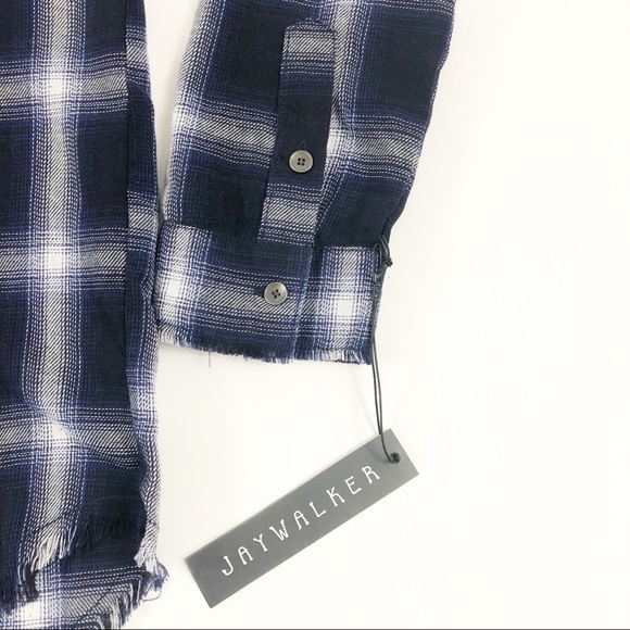 Jaywalker Blue White plaid Frayed Tunic NWT Size L - Picture 2 of 7